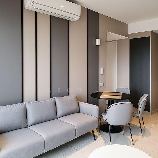 Living features: grey fabric sofa, round black dining table, 4 dining chairs, wall-mounted air conditioning unit, light grey accent wall, dark grey accent wall, light beige wall, tile flooring; style: modern.