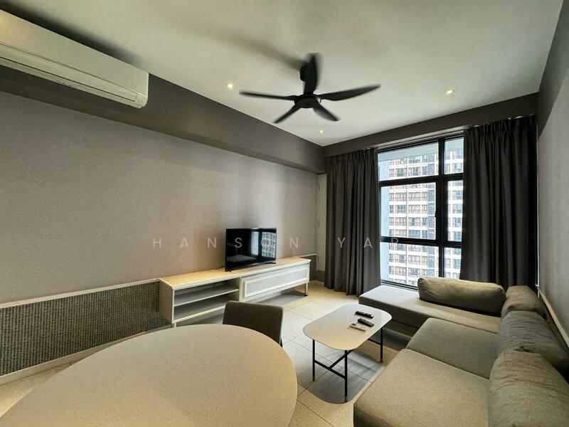 Living features: 5-blade ceiling fan with light, wall-mounted TV, grey painted walls, floor-to-ceiling windows, blackout curtains, light-coloured sofa, round dining table, white sideboard, tile flooring, air conditioning unit; style: modern; view: city.