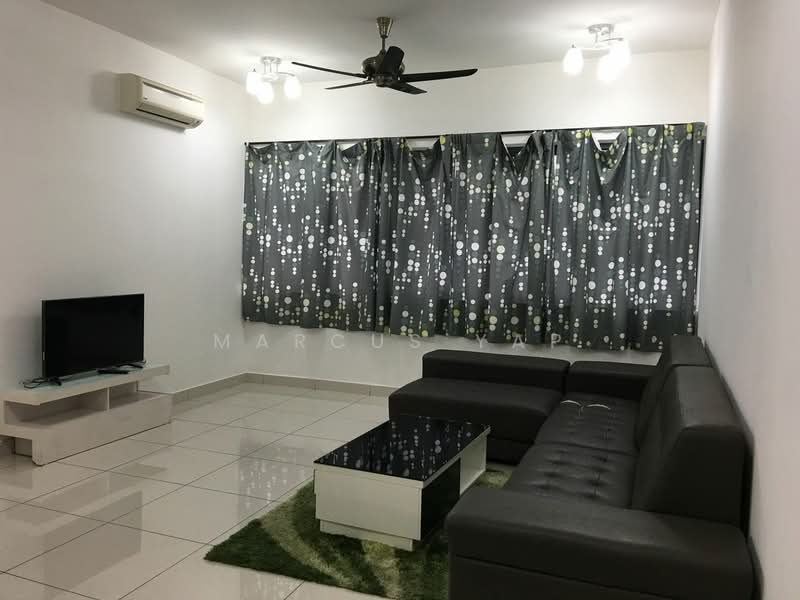Living features: 3-seater leather sofa in black, coffee table with glass top, TV console in white, wall-mounted TV, floor-to-ceiling windows with patterned curtains, recessed downlights, 5-blade ceiling fan, cream painted walls, glossy tile flooring, green area rug; style: modern.