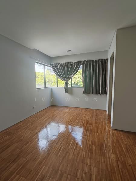 Room features: wooden flooring, white painted walls, floor-to-ceiling windows, curtains, natural light, ceiling light, corner room, view of greenery; style: modern; view: garden.