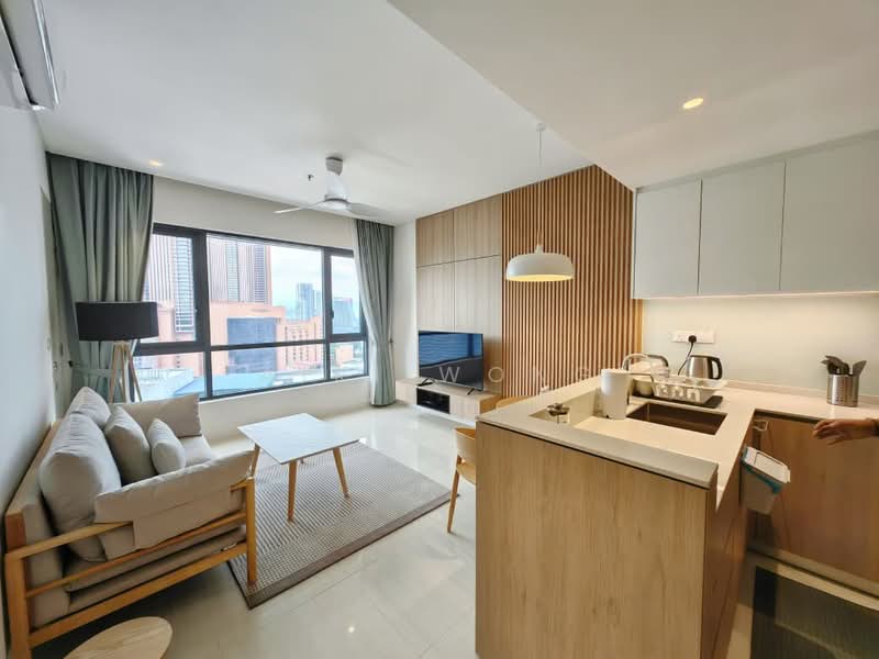 Living features: 3-seater fabric sofa in light grey, wooden coffee table, area rug with geometric pattern, wall-mounted TV, TV console, floor-to-ceiling windows, city view, 5-blade ceiling fan with light, curtains in light green, wood panel accent wall, recessed downlights; style: modern; view: city. Kitchen features: kitchen island with breakfast bar, stainless-steel sink, chrome pull-down faucet, built-in oven, stainless-steel kettle, stainless-steel coffee machine, white cabinetry, light wood cabinetry, recessed downlights; style: modern.