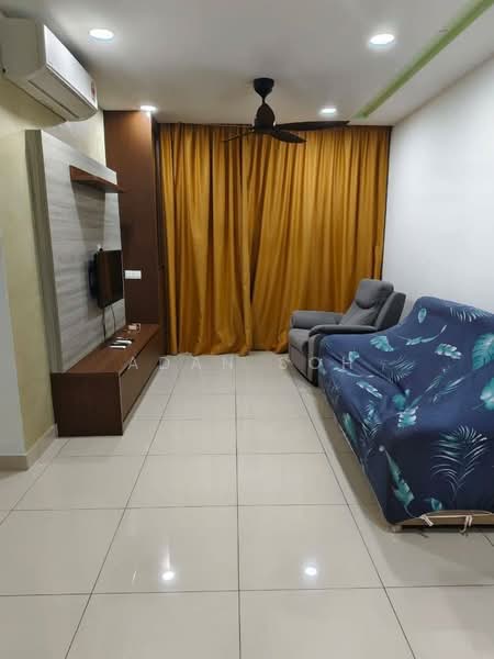 Living features: cream painted walls, white ceiling, recessed downlights, 5-blade ceiling fan, floor-to-ceiling curtains in gold, light-colored tiled flooring, grey fabric armchair, sofa with tropical leaf pattern, TV mounted on wall, wooden TV console; style: modern.