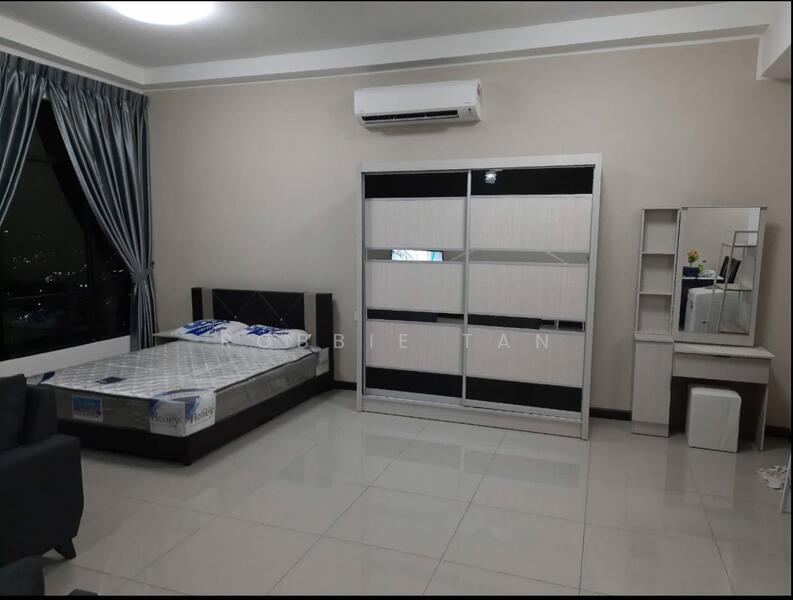 Bedroom features: queen-size bed, upholstered headboard, built-in wardrobe with sliding doors, study desk with mirror, white chair, air conditioning unit, floor-to-ceiling window, grey curtains, white painted walls, glossy tile flooring, decorative wall art; style: modern; view: city.