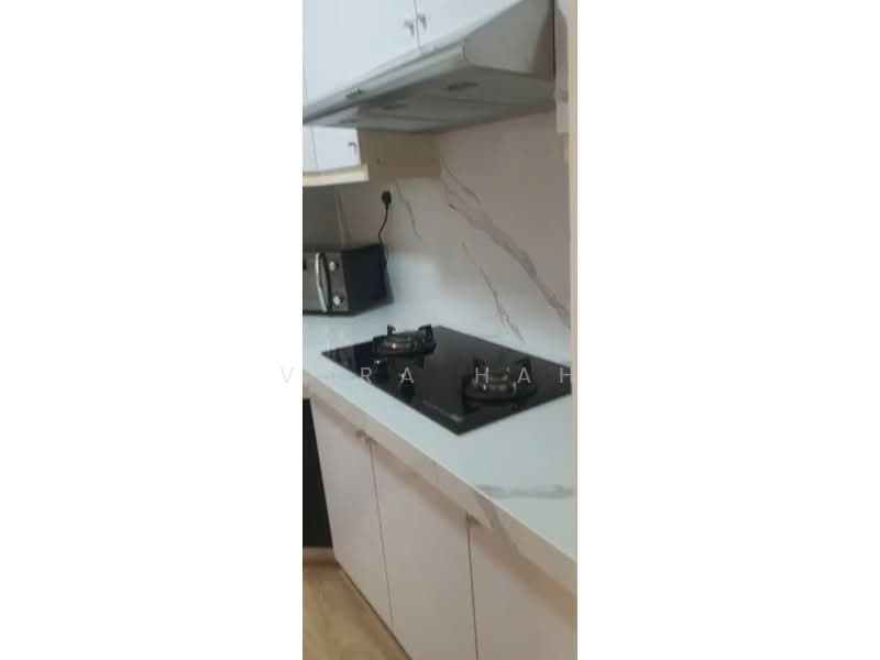 Kitchen features: white cabinetry, marble countertop with veining, built-in gas hob, stainless-steel range hood, black backsplash, kitchen appliances including toaster, under-cabinet lighting, laminate flooring; style: modern.