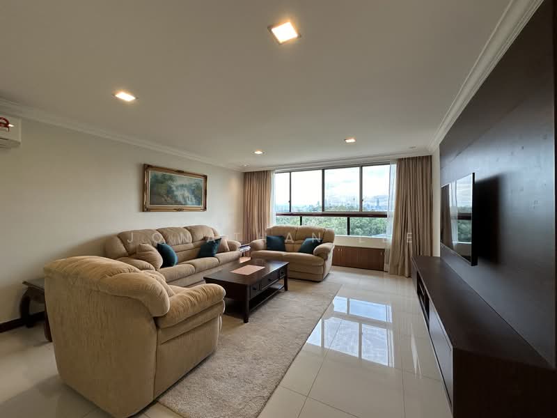 Living features: beige fabric 3-seater sofa, beige fabric 2-seater sofa, wood coffee table, flat-screen wall-mounted TV, light-colored wall with crown moulding, large floor-to-ceiling windows, sheer curtains, white tiled flooring, air conditioning unit, decorative painting on wall, area rug with neutral color; style: modern; view: city.