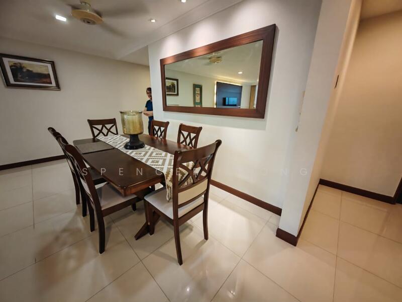 Dining features: 6-seater dining table, wooden dining chairs, decorative table runner, framed artwork on walls, large wall mirror, recessed ceiling lights, white tiled flooring, neutral wall color; style: modern. Room features: white walls, ceiling fan.