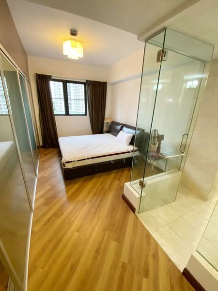 Bedroom features: queen-size bed, wooden flooring, floor-to-ceiling windows, brown curtains, glass shower enclosure, wall-mounted light fixture, built-in wardrobe with sliding doors, decorative wall paneling; style: modern.