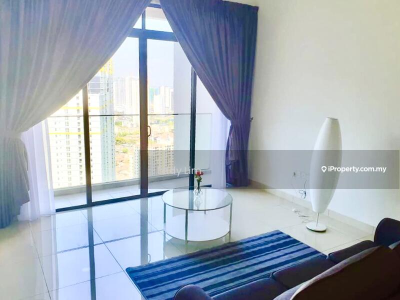 Living features: floor-to-ceiling windows, sliding glass door, grey curtains, white walls, polished tile flooring, round glass coffee table, black sofa, decorative vase, area rug with stripes, modern floor lamp; style: modern; view: city.