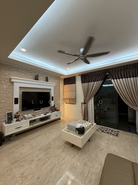 Living features: cream marble tile flooring, exposed stone accent wall, white painted walls, recessed LED downlights, 5-blade ceiling fan with light, wall-mounted TV, white TV console, decorative items on console, large sliding glass door, curtains with sheer and blackout layers, coffee table, area rug; style: modern.
