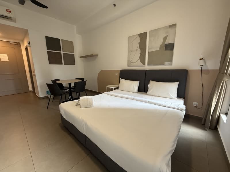 Bedroom features: queen-size bed with grey upholstered headboard, white bedding, 2 bedside pillows, wall-mounted reading lamp, framed abstract artwork on walls, light grey accent wall, floor-to-ceiling window with sheer curtains, ceiling fan, small dining table with 4 black chairs, shelf mounted on wall, tile flooring; style: modern.