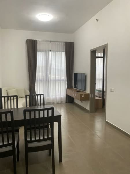 Living features: light-colored walls, large windows with sheer curtains, floor tiles in light beige, sofa in cream color, dining table with black finish, 4 dining chairs with wooden frames, wall-mounted TV, ceiling light fixture, decorative wall, neutral-colored curtains; style: modern.