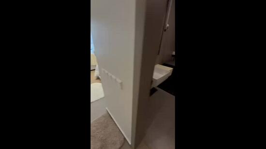 Room features: white painted walls, grey flooring, light-colored rug, toilet, sink, mirror, towel rack.