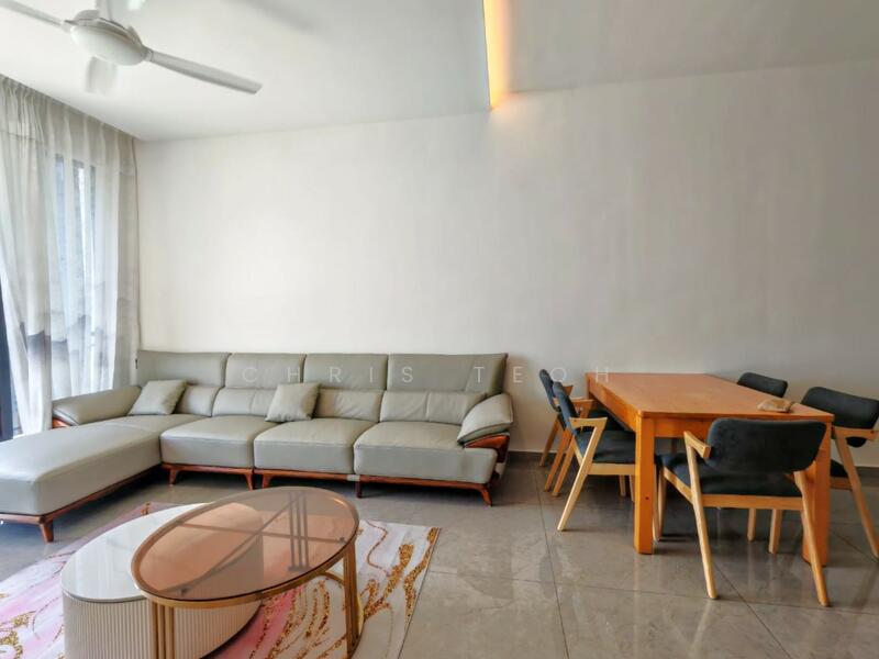 Living features: L-shape sectional sofa in grey, coffee table with round glass top, marble flooring, 5-blade ceiling fan with light, floor-to-ceiling windows with sheer curtains, area rug with abstract pattern, dining table with 4 upholstered chairs; style: modern.