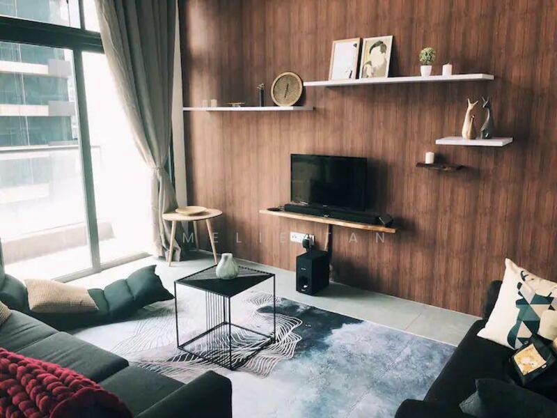 Living features: grey fabric sofa, black coffee table, decorative area rug with abstract pattern, wooden shelving unit on wall, wall-mounted TV, floor-to-ceiling windows, sheer curtains, wooden accent wall, decorative items on shelves, small wooden stool; style: modern; view: city.