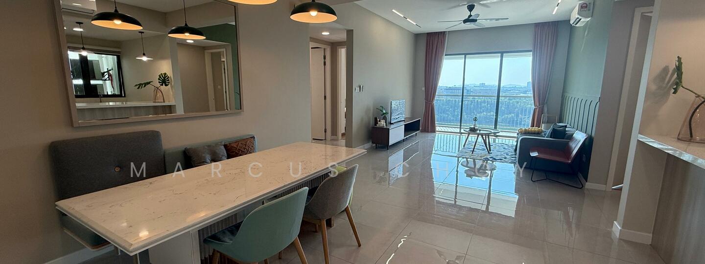 Living features: marble tile flooring, floor-to-ceiling windows, sliding glass door, ceiling fan, wall-mounted TV, sofa in dark color, coffee table, decorative plant, area rug, dining table with marble top, upholstered dining chairs, mirror on wall, light fixtures with pendant lamps; style: modern; view: city.