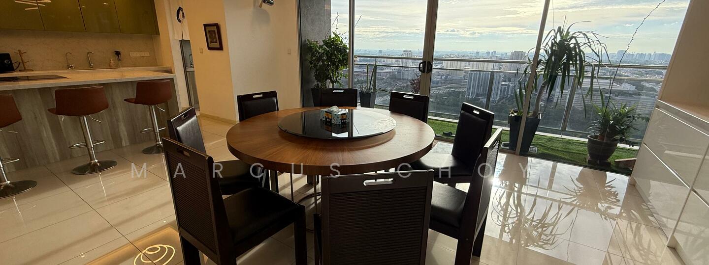 Dining features: round dining table, 8 upholstered dining chairs, large floor-to-ceiling windows, city skyline view, polished tile flooring, decorative centerpiece on table, indoor plants, wall-mounted lighting, open-plan layout with kitchen visible; style: modern; view: city. Kitchen features: kitchen island with bar seating, stainless-steel appliances, green cabinetry, quartz countertop, built-in oven, cooktop, microwave, refrigerator, under-cabinet lighting; style: modern.