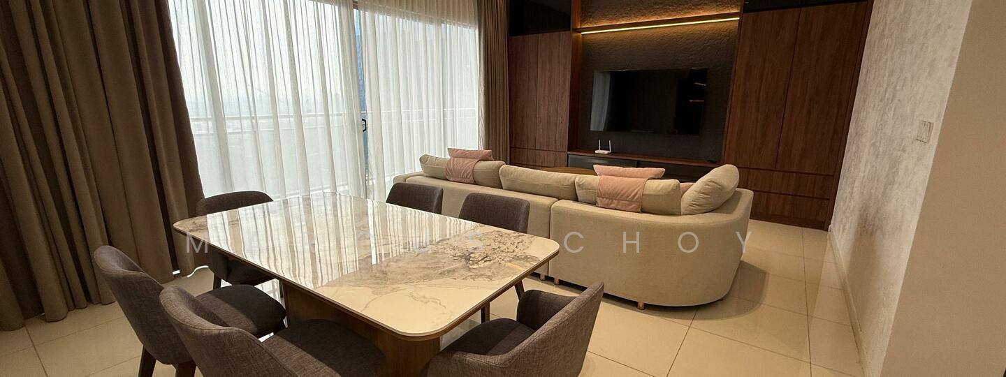 Living features: floor-to-ceiling windows, sheer curtains, light-coloured walls, wood panel accent wall, recessed lighting, marble dining table, upholstered dining chairs, curved sectional sofa, decorative cushions, tile flooring; style: modern; view: city.