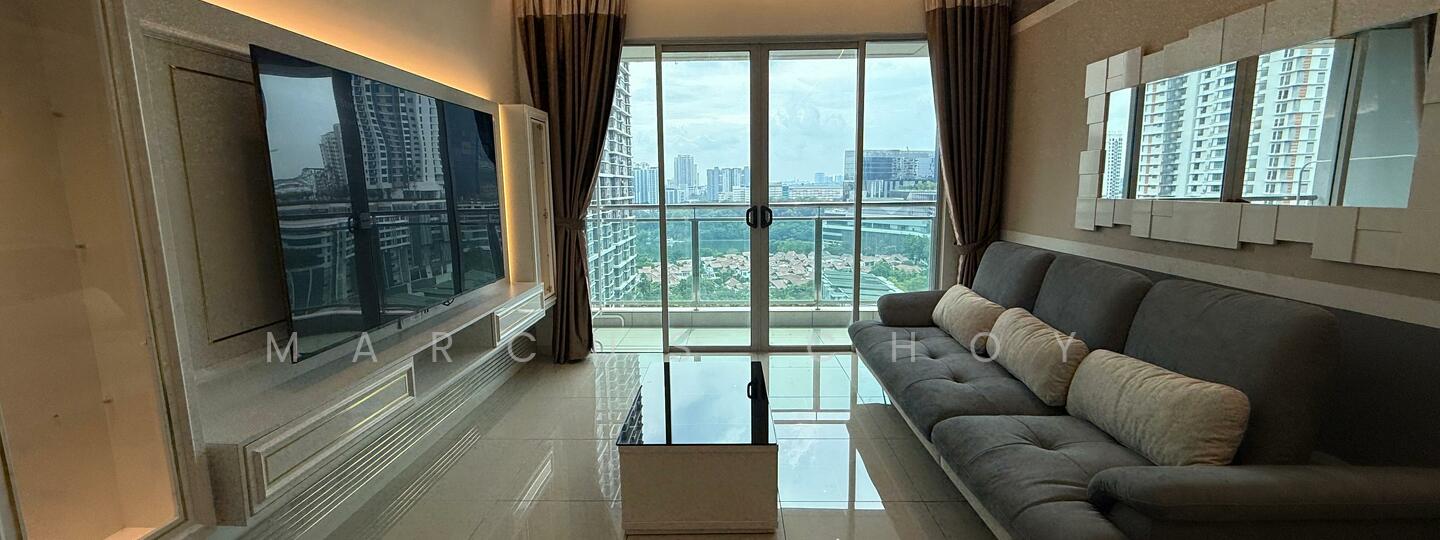 Living features: grey fabric sofa, coffee table, wall-mounted TV, floor-to-ceiling windows, curtains, marble flooring, decorative wall mirrors, built-in cabinetry; style: modern; view: city.