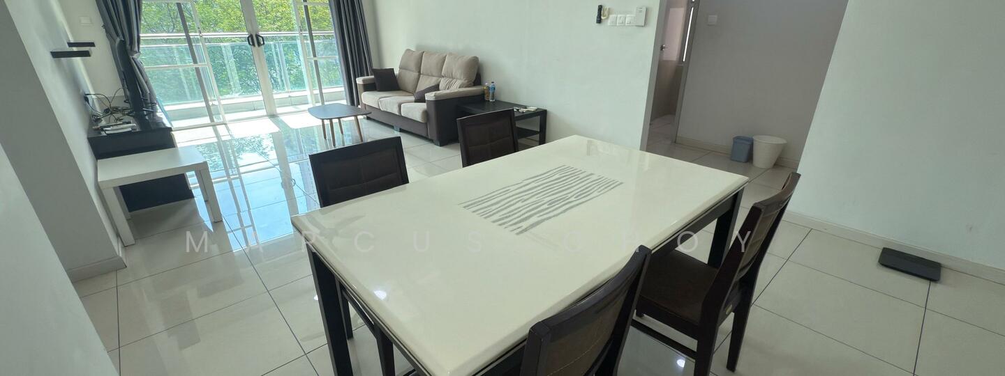 Dining features: 6-seater dining table with white glossy top, black dining chairs, white walls, tile flooring, large windows with sheer curtains, open layout, decorative centerpiece on table; style: modern; view: garden. Living features: fabric 3-seater sofa in beige, coffee table, floor-to-ceiling windows, tile flooring, white walls, minimalist decor; style: modern; view: garden.