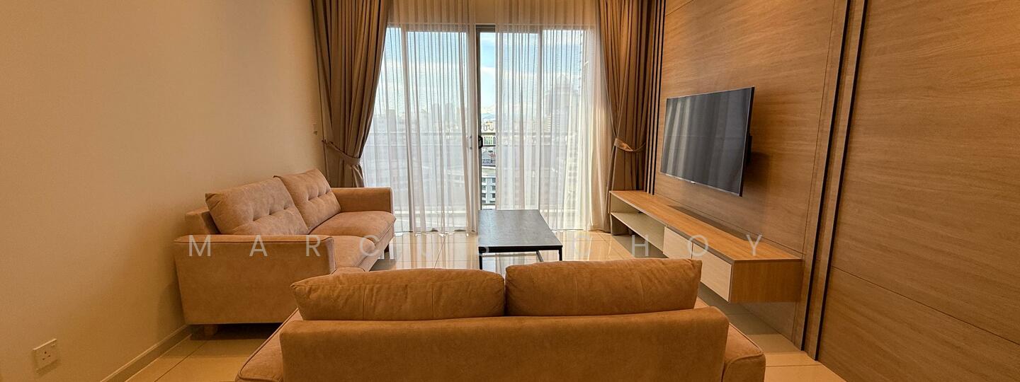 Living features: 2-seater fabric sofa in beige, 3-seater fabric sofa in beige, coffee table, wall-mounted TV, TV console, floor-to-ceiling windows, sheer curtains, light-colored tiled flooring, wood panel accent wall, recessed downlights; style: modern; view: city.
