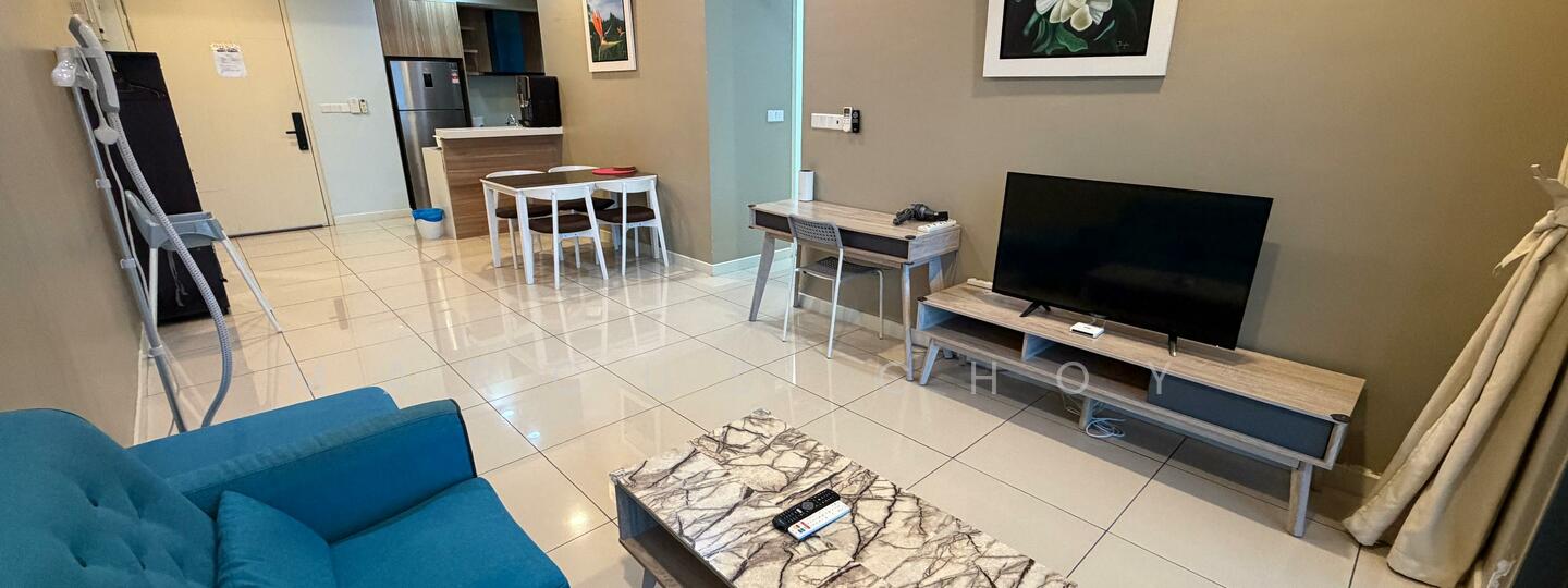 Living features: blue fabric sofa, marble coffee table, TV console, wall-mounted TV, decorative wall art, white tiled flooring, recessed lighting, open layout, dining area with round table and white chairs; style: modern. Kitchen features: wood cabinetry, black refrigerator, built-in oven, countertop with bar seating, stainless-steel sink, kitchen appliances visible; style: modern.