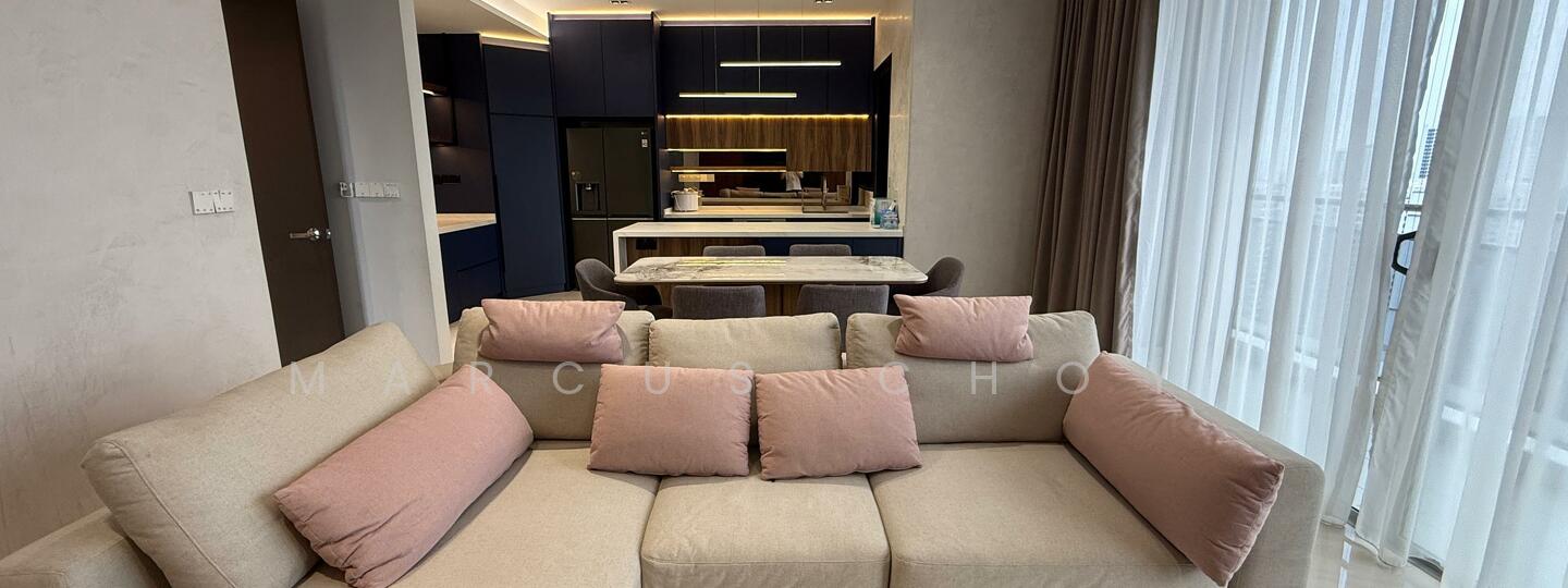Living features: L-shape sectional sofa in beige with pink cushions, coffee table, floor-to-ceiling windows with sheer curtains, recessed ceiling lights, light wood flooring, open layout to kitchen, decorative wall with textured finish, view of kitchen area; style: modern. Kitchen features: dark cabinetry, kitchen island with seating, built-in refrigerator, stainless-steel appliances, recessed lighting, marble countertop, open shelving, grey tile backsplash; style: modern.
