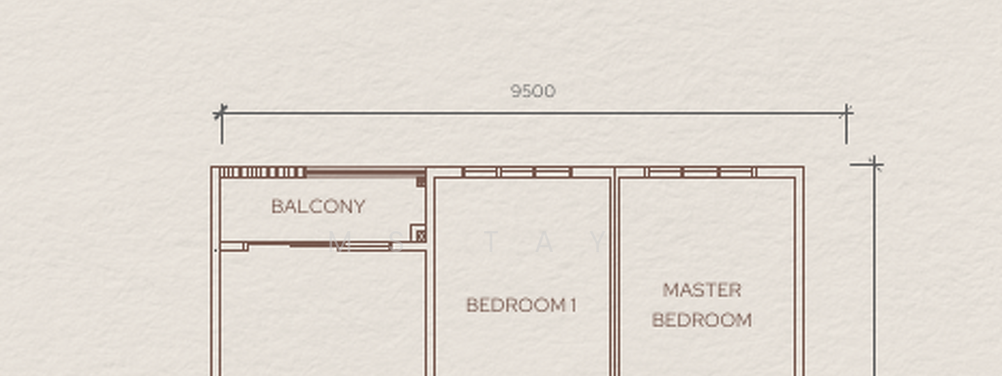 Floor plan: 2-bedroom unit; features: layout includes balcony, master bedroom, bedroom 1.