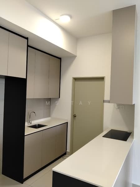 Kitchen features: single-bowl stainless-steel sink, chrome pull-down faucet, white quartz countertop, black cabinetry, light grey upper cabinets, built-in stove, tile backsplash, recessed downlights, wall-mounted cabinet, door to adjacent room; style: modern.