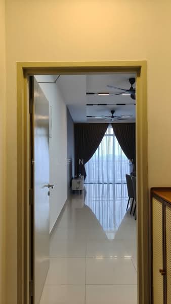 Room features: white painted walls, glossy tile flooring, recessed downlights, ceiling fans, floor-to-ceiling windows with curtains, dining table visible, seating area visible; style: modern; view: city.