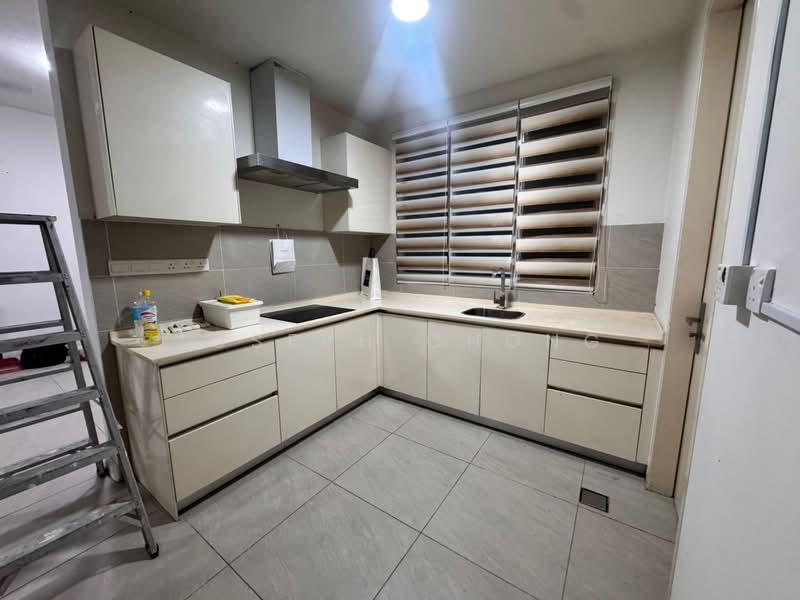 Kitchen features: L-shaped kitchen layout, light-colored cabinetry, stainless-steel sink, chrome pull-down faucet, stone countertop, built-in oven, exhaust hood, tile backsplash, grey tile flooring, window with horizontal blinds, under-cabinet lighting, open shelving, ladder for access, wall-mounted cabinets; style: modern.