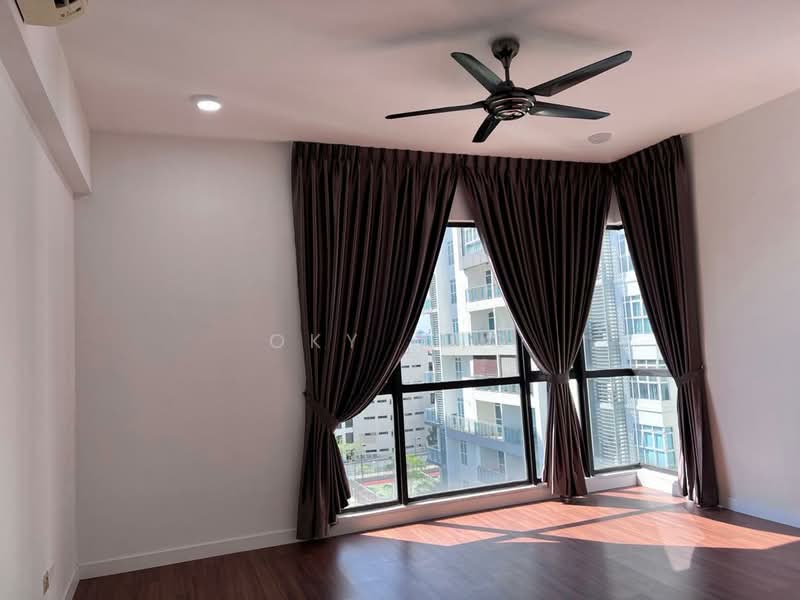 Living features: wooden flooring, floor-to-ceiling windows, dark brown curtains, 5-blade ceiling fan with light, recessed downlights, neutral painted walls, city view, open layout; style: modern; view: city.