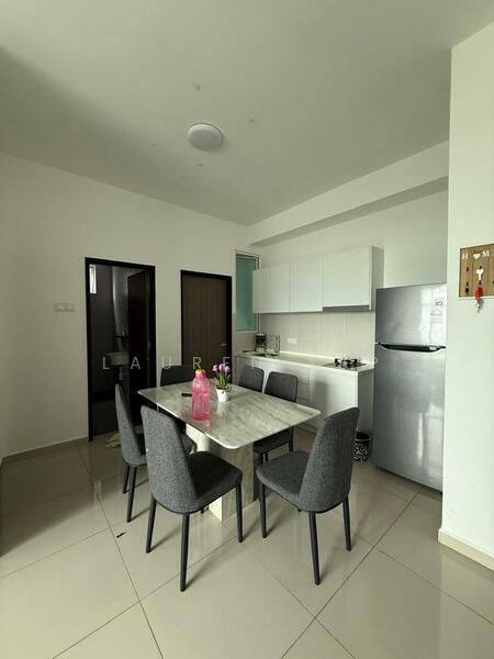 Kitchen features: white cabinetry, marble dining table, grey upholstered dining chairs, stainless-steel fridge, built-in stove, white countertop, tile flooring, recessed ceiling lights, wall-mounted cabinets, open layout, neutral wall color, kitchen utensils visible; style: modern.
