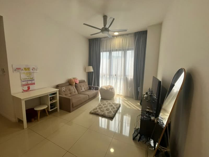 Living features: 3-seater fabric sofa in beige, ceiling fan, floor-to-ceiling windows, sheer curtains, TV console, wall-mounted TV, coffee table, polished tile flooring, decorative mirror, area rug, lamp, study desk with chair; style: modern.