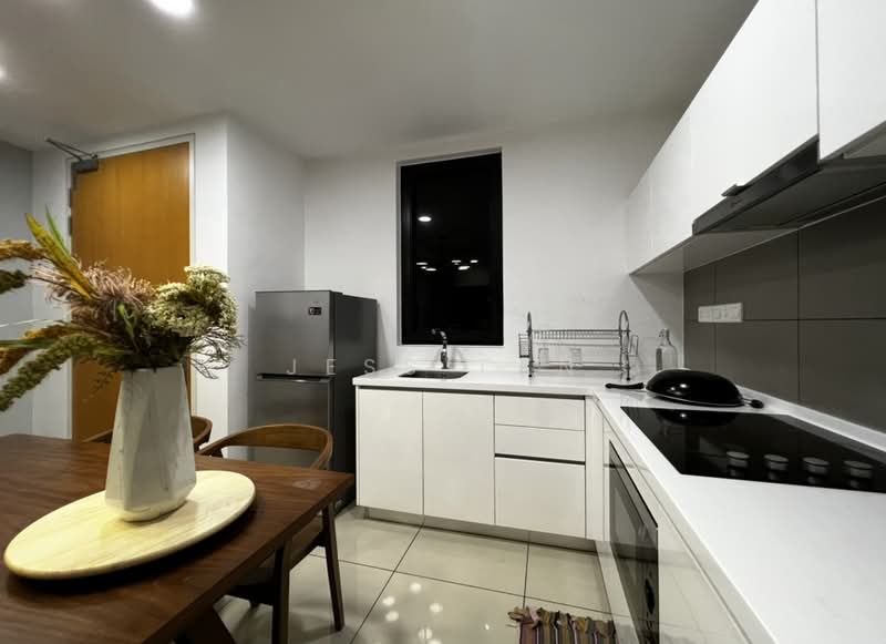Kitchen features: white cabinetry, stainless-steel sink, chrome pull-down faucet, white quartz countertop, built-in oven, stainless-steel fridge, ceramic tile flooring, grey tile backsplash, induction hob, open shelving, dining table, wooden dining chairs; style: modern.