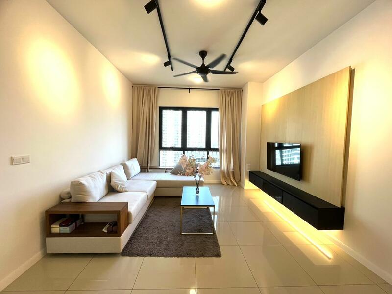 Living features: 3-seater fabric sofa in white, wooden coffee table with storage, area rug in grey, wall-mounted TV, black TV console, light wood feature wall, floor-to-ceiling windows, sheer curtains, 5-blade ceiling fan with light, recessed LED downlights, neutral painted walls, glossy tile flooring; style: modern; view: city.