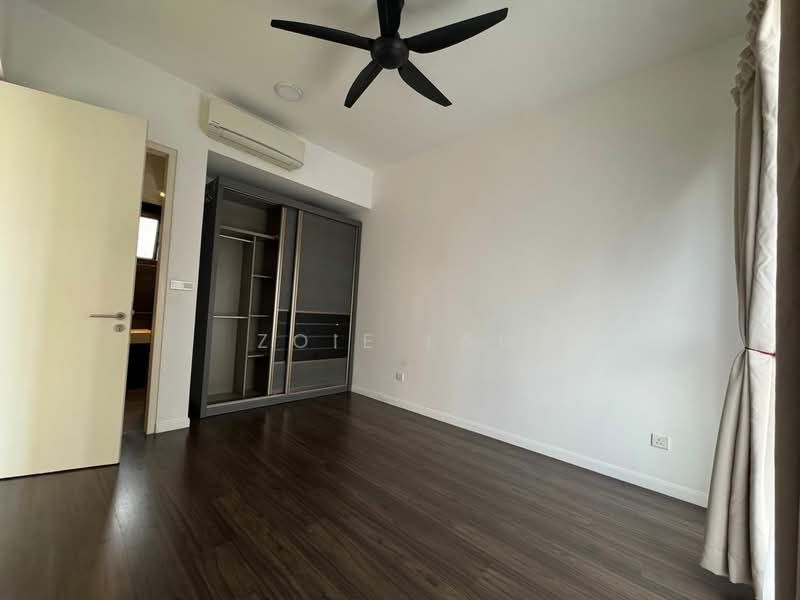 Bedroom features: wooden flooring, white painted walls, 5-blade ceiling fan, built-in wardrobe, air conditioning unit, curtains, door leading to hallway; style: modern.