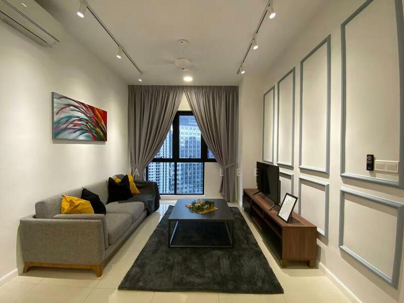 Living features: 3-seater fabric sofa in grey, yellow accent pillows, coffee table, area rug, wall-mounted TV, TV console, floor-to-ceiling windows, curtains, recessed downlights, decorative wall panels, white painted walls, light-colored flooring, air conditioning unit; style: modern; view: city.