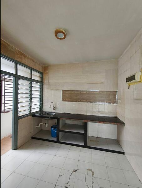 Kitchen features: single-bowl stainless-steel sink, black countertop, white tiled backsplash, white tiled flooring, window with metal grille, wall-mounted air conditioning unit, open shelving, under-sink plumbing, exposed wall tiles, light fixture on ceiling.