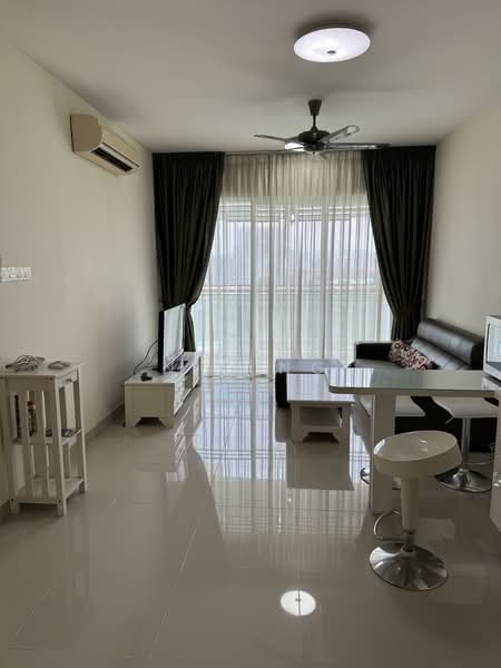 Living features: white painted walls, glossy tile flooring, 5-blade ceiling fan with light, floor-to-ceiling windows, sheer curtains, blackout curtains, black leather sofa, white coffee table, white TV console, wall-mounted TV, bar stool, decorative cushions; style: modern; view: city.