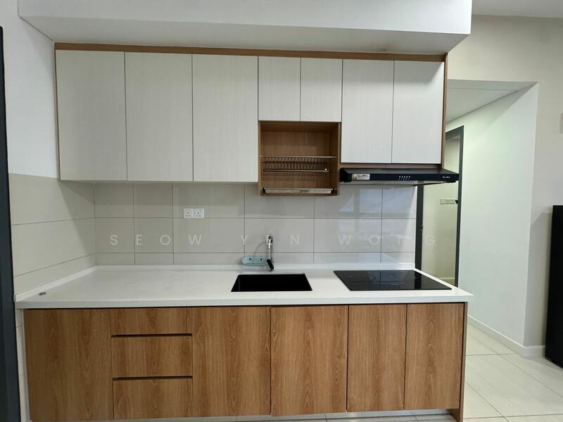 Kitchen features: white cabinetry with wood accents, stainless-steel sink, chrome pull-down faucet, black induction cooktop, built-in oven, white tiled backsplash, open shelving, drawer storage, countertop with integrated sink, recessed lighting; style: modern.