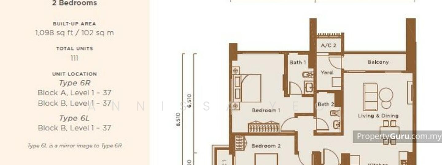 Floor plan: 2-bedroom 2-bathroom unit; features: open-plan kitchen-dining-living, master bedroom with ensuite bathroom, balcony off living room, utility room, central foyer.