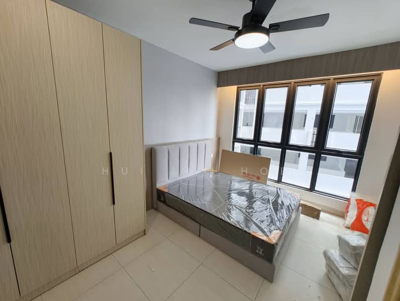 Bedroom features: queen-size bed, upholstered headboard, built-in wardrobe with sliding doors, floor-to-ceiling windows, grey painted walls, tile flooring, 5-blade ceiling fan with light, natural light from windows, decorative wall paneling; style: modern.
