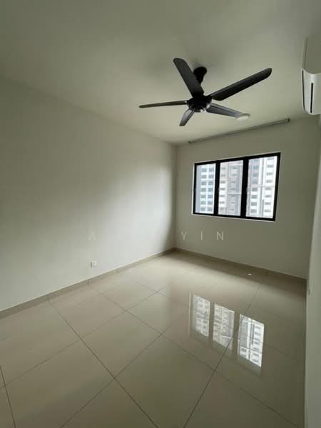 Room features: white painted walls, glossy ceramic tile flooring, 5-blade ceiling fan, floor-to-ceiling windows, air conditioning unit; style: modern; view: city.