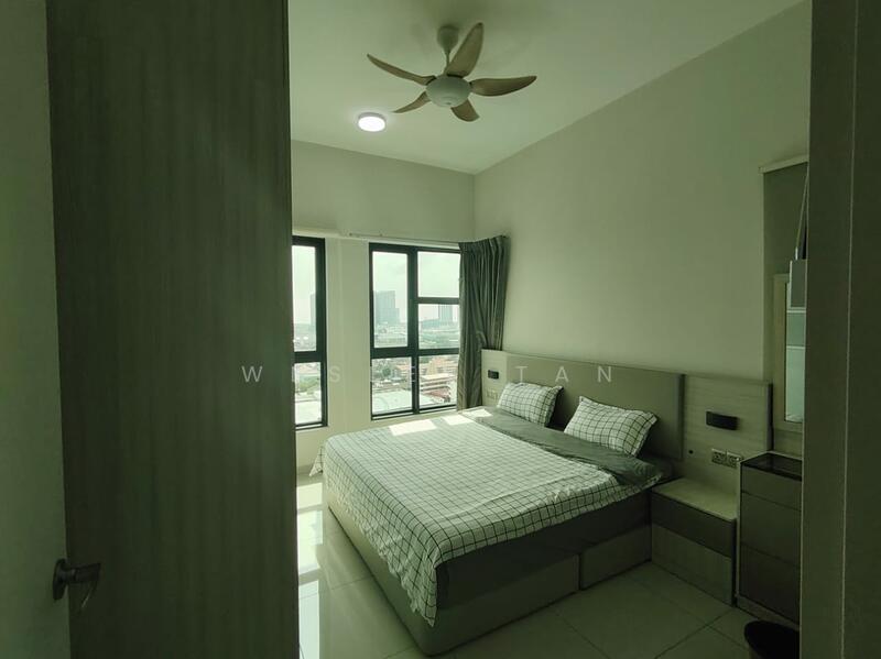 Bedroom features: king-size bed with grey upholstered headboard, white and grey checkered bedding, 2 bedside tables, floor-to-ceiling windows, curtains, ceiling fan with 5 blades, recessed ceiling light, white painted walls, glossy tile flooring, built-in wardrobe; style: modern; view: city.