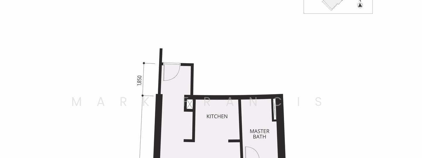 Floor plan: 1-bedroom 1-bathroom unit; features: open-plan kitchen-dining-living, master bedroom with ensuite bathroom, utility room, central foyer.