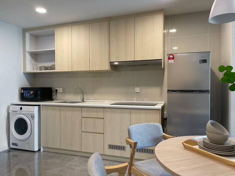 Kitchen features: light wood cabinetry, white countertop, single-bowl stainless-steel sink, chrome pull-down faucet, built-in oven, microwave, stainless-steel fridge, front-load washing machine, grey tiled backsplash, recessed downlights, grey polished concrete flooring; style: modern.