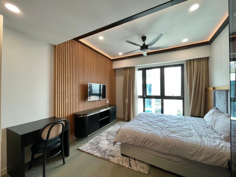Bedroom features: king-size bed, upholstered headboard, bedside lamps, wooden flooring, 5-blade ceiling fan with light, wall-mounted TV, black TV console, study desk with chair, area rug with geometric pattern, floor-to-ceiling windows, sheer curtains, wood panel accent wall, recessed lighting; style: modern.
