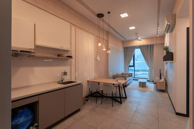 Living features: open-plan layout, grey tiled flooring, light wood panelled walls, white cabinetry, single-bowl stainless-steel sink, chrome pull-down faucet, 4-seater dining table, pendant lighting, ceiling fan, floor-to-ceiling window, sheer curtains, sofa, decorative wall art, wall-mounted air conditioning unit; style: modern; view: city.