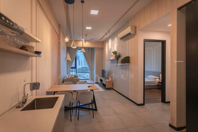 Kitchen features: single-bowl stainless-steel sink, chrome pull-down faucet, laminate countertop, white shaker cabinets, built-in oven, 4-burner gas hob, recessed LED downlights, wall-mounted split AC, dining table with 4 chairs, grey ceramic tile flooring, open shelving, decorative wall paneling; style: modern; view: city. Living features: sofa, TV console, wall-mounted TV, area rug, decorative wall paneling, recessed LED downlights; style: modern; view: city. Bedroom features: queen-size bed, upholstered headboard, built-in wardrobe, bedside lamps, grey wall paint; style: modern; view: city.