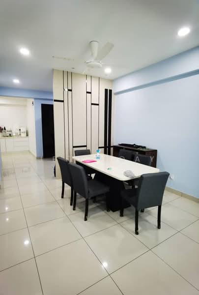 Dining features: white dining table, 4 black upholstered dining chairs, ceiling fan, light grey walls, glossy tile flooring, built-in cabinetry with vertical lines, decorative wall paneling, open layout to kitchen; style: modern. Room features: white painted walls, glossy tile flooring, open layout.